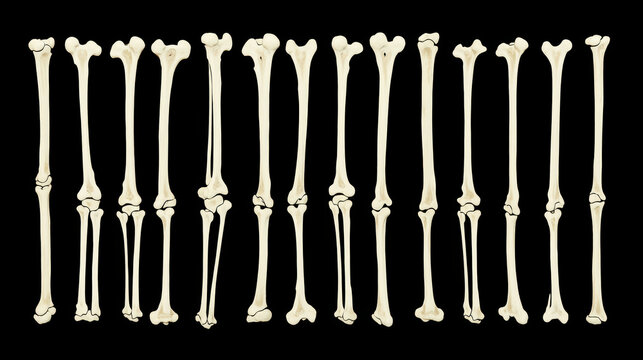Anatomy bone tibia fibula skeleton medical orthopedic illustration, multiple lower leg bones aligned on black background for education, radiology concept, forensic reference, clinical study