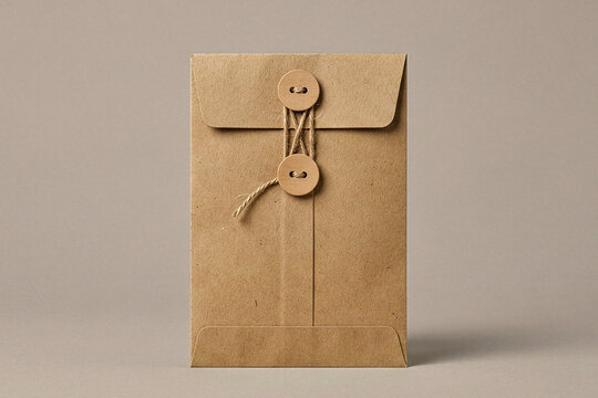 Vertical brown kraft paper envelope with string and button closure for vintage stationery design