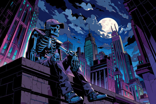Skeleton rooftop city skyline night moon cloud neon comic illustration, lonely figure wearing cap seated on ledge, looking over futuristic skyscraper under dramatic full moonlight