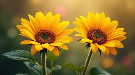 Fototapeta premium two yellow sunflowers with brown centers, set against a blurred background of lights 