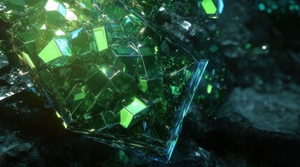 Abstract emerald green crystalline geometric structure with glowing facets and detailed light refraction