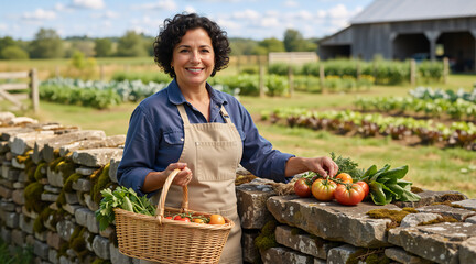 Fototapeta premium Smiling female farmer holding a basket of vegetables in a garden. Organic agriculture and healthy food concept