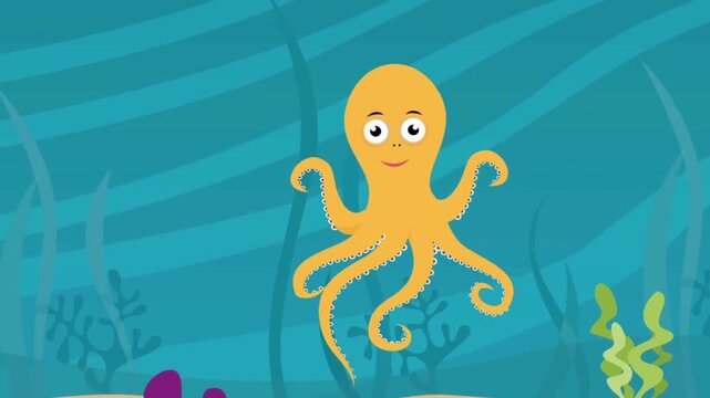 Cute cartoon octopus swimming underwater with fish