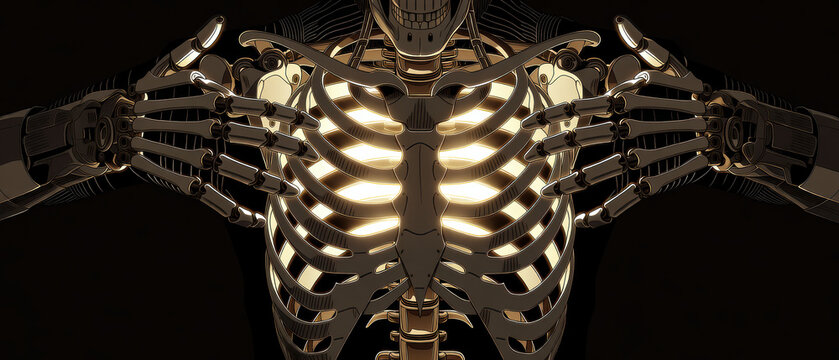 Robot skeleton ribcage torso anatomy mechanical futuristic metallic, cyborg chest with glowing light, detailed 3D render of metal spine and ribs on dark background