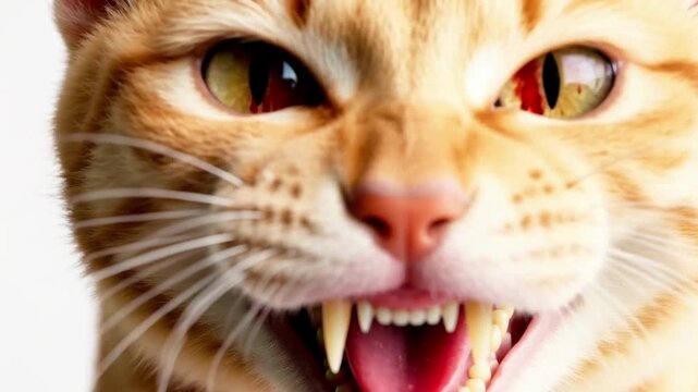Mad cat, animal rabies. An enraged animal lunges straight at the camera, its mouth wide open, revealing sharp teeth.