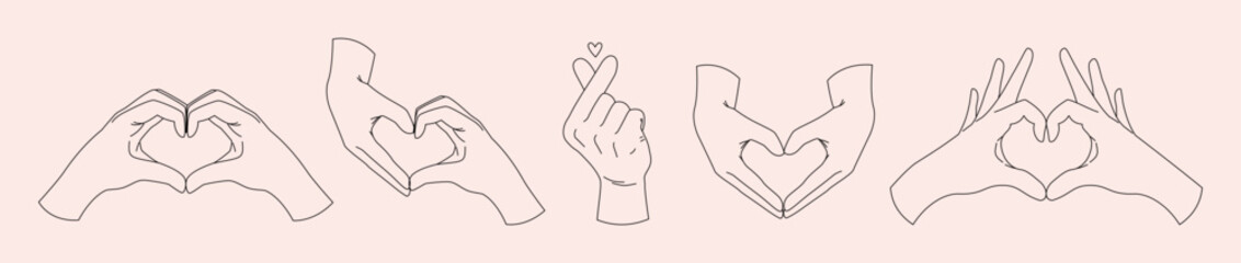 Set of hands making heart shape love gesture. Outline vector illustration