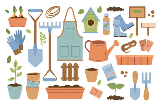 Collection of gardening tools and flowering plants. Summery set of flat-style illustrations. Tools for growing plants, cultivating the garden, and vegetable garden.