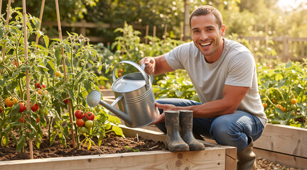 Smiling man with watering can in a backyard vegetable garden. Male gardener tending to tomato plants in a raised wooden bed. Home gardening and organic food concept