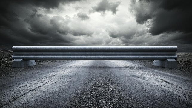 A sturdy steel security barrier is erected across a wet asphalt road under a dramatic stormy sky