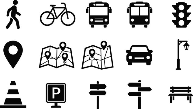 Transportation navigation icons set featuring pedestrian bicycle bus car traffic signs parking map location symbols solid vector illustration collection