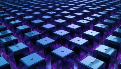 Fototapeta premium Rows of blue cubes with purple glow abstract background
