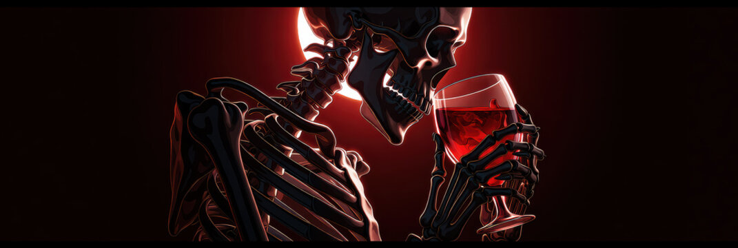 Skeleton skull wine glass red drink gothic halloween, dark render of bony figure sipping alcohol in moody light, spooky celebration concept with copy space