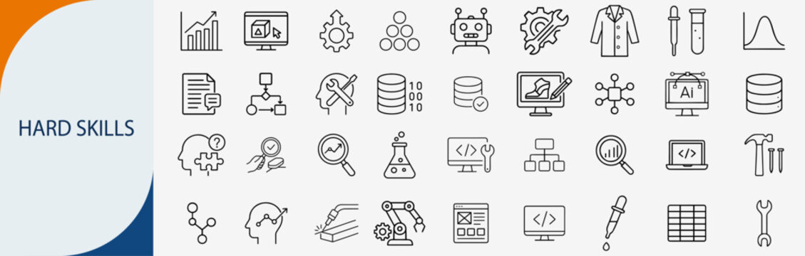 Hard skills and technical expertise icons set, thin line professional competence vocational training and industry knowledge vector illustration