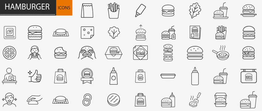Hamburger and fast food icons set, thin line cheeseburger takeout meal and junk food restaurant vector illustration