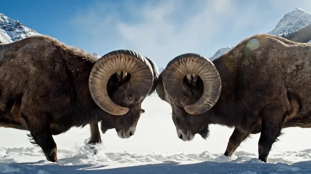 Two rams locking horns in snowy mountains