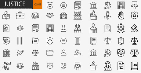 Justice and law icons set, thin line legal system courthouse and professional advocate vector illustration © RayZing  