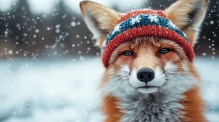 Obraz premium A charming fox wearing a colorful knitted hat, set against a serene snowy landscape, capturing the essence of winter and playful wildlife in a beautiful manner.