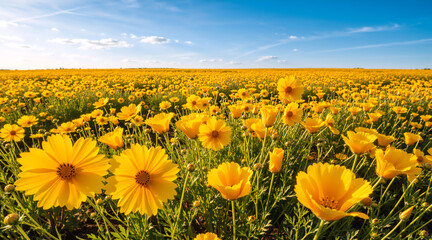 Obraz premium Vast field of yellow flowers under a clear blue sky. Vibrant spring meadow landscape. Blooming floral background in sunlight