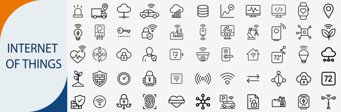 Internet of things and smart technology icons set, thin line IoT home automation and wireless network vector illustration