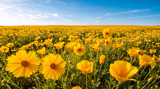 Vast field of yellow flowers under a clear blue sky. Vibrant spring meadow landscape. Blooming floral background in sunlight