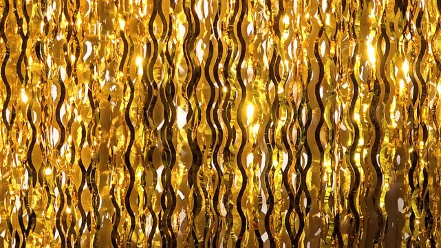 Metallic gold hanging threads creating decorative curtain backdrop with reflective texture