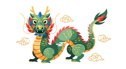 Vibrant Green Dragon with Ornate Details, Surrounded by Whimsical Clouds, Illustrating Mythical and Fantasy Themes