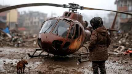 Fototapeta premium A child stands in muddy ruins near a damaged helicopter, symbolizing resilience and hope amidst destruction, capturing a poignant moment in an evocative environment.