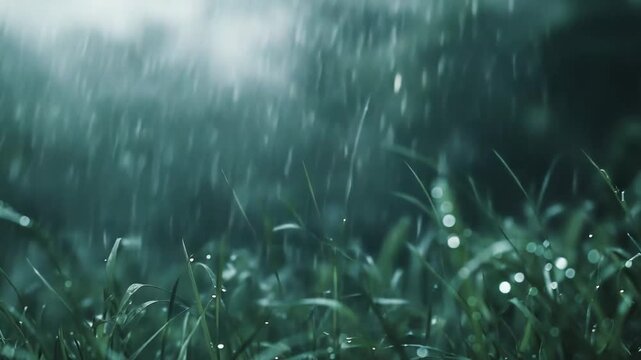 Green grass blades are covered with countless glistening water drops, capturing the essence of freshness and growth after a light rainfall in a tranquil natural environment