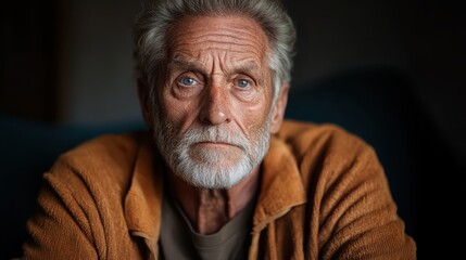 Obraz premium An elderly man with a weathered face and expressive blue eyes gazes thoughtfully, reflecting wisdom and experience, inviting viewers to ponder his life's story and emotions.