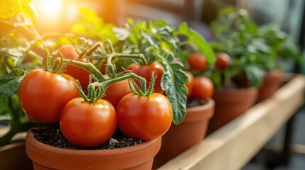 Vibrant red tomatoes flourish in pots under warm sunlight, giving a fresh and healthy vibe to the garden, reflecting the joy of homegrown produce.