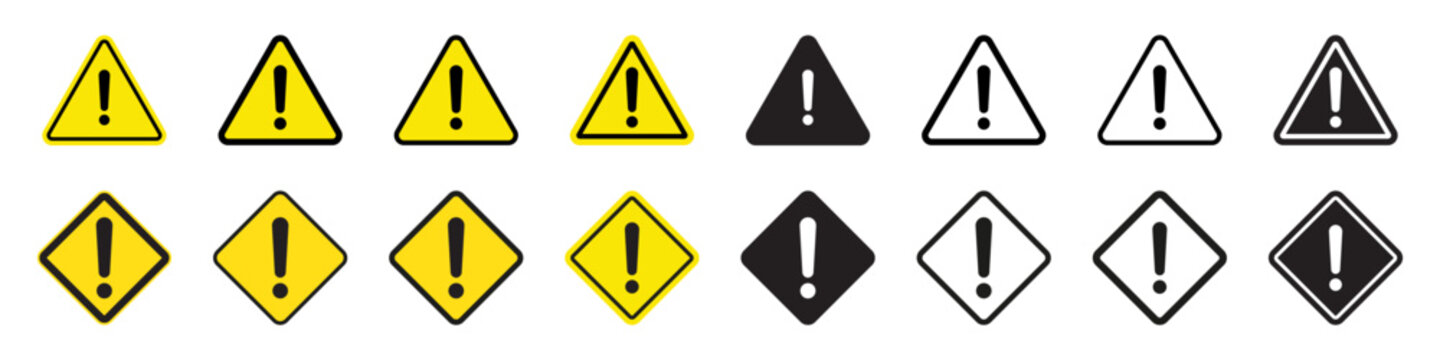 Danger and Warning Sign Symbol Set with Exclamation Mark in Triangle and Diamond Shapes