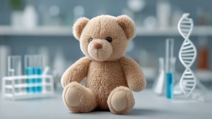 Cute Teddy Bear Sitting on a Table Surrounded by Laboratory Equipment in a Softly Lit Environment