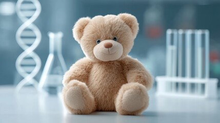 Obraz premium Adorable Teddy Bear Sitting on a Table Surrounded by Laboratory Equipment and Soft Blue Background