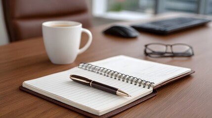 A neat office desk scene with a notebook pen coffee mug and computer accessories ready for work