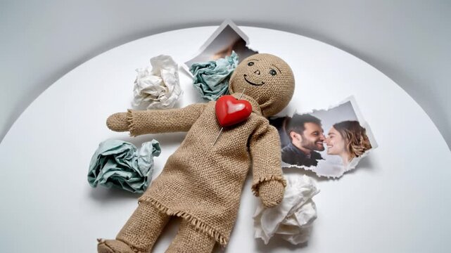 Burlap doll with red heart pin lies among torn photos and crumpled paper. The scene depicts heartbreak and resentment after a breakup. Ideal for anti Valentine content or emotional articles.