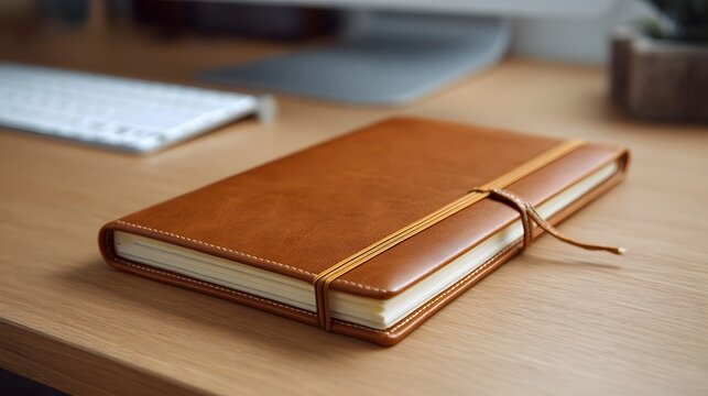 A closed brown leather bound notebook rests on a wooden desk next to a keyboard and monitor