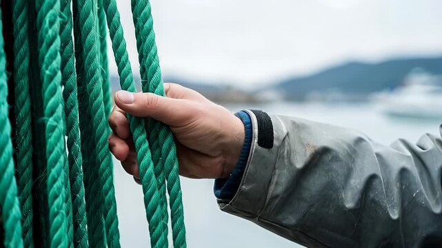 A Close-Up of a Hand Gripping Green Ropes on a Marine Vessel, Highlighting the Connection Between Nature and Human Activity at Sea
