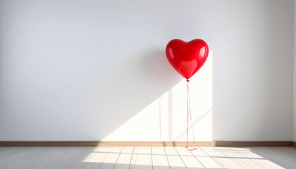 Red heart balloons in an empty room. Valentine's Day concept.
