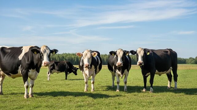 Cows stand in a green field, looking at the viewer, against a blue sky