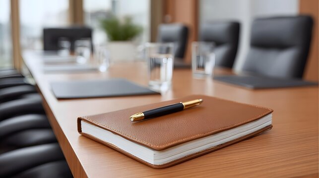 A brown notebook and pen rest on a conference table in an executive meeting room
