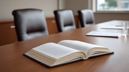 Fototapeta premium An open book lies on a wooden conference table in a professional meeting room with leather chairs