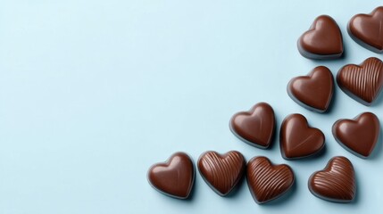 Fototapeta premium Delightful Heart Shaped Chocolate Confectionery on Soft Blue Background for Romantic Celebrations