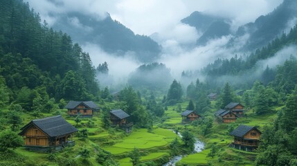 Obraz premium Lush Green Mountain Valley With Small Wooden Houses and Misty Clouds on a Foggy Morning