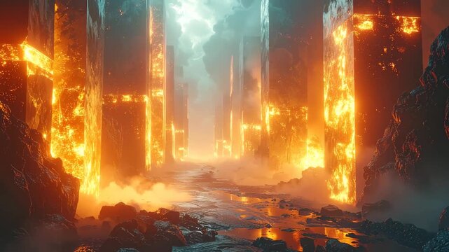 Ethereal Passage: An awe-inspiring digital rendering showcases an otherworldly path framed by fiery structures, leading into a mystical realm where fire and mist dance.