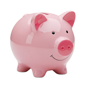 Pink piggy bank with a smiling face and coin slot on top, a symbol of saving money and finance on transparent background. on transparent background
