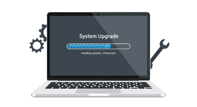 Laptop Computer showing a System Upgrade Screen with a Progress Bar and Industrial Tools. Software Maintenance.