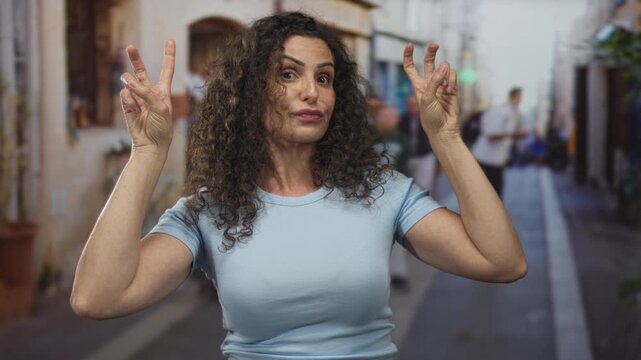 Young woman makes air quotes gesture with both hands on sunlit street lined with shops and stone facades; sarcasm playful humor.