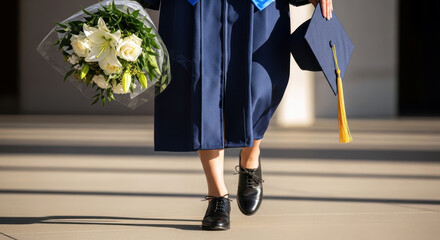 Close-up of the legs of a graduate walking confidently in a graduation gown.