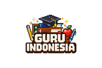 Obraz premium Pixel art education icon: books, graduation cap, apple, and pencil