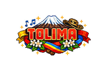 Tolima mountain pixel art with traditional colombian hat and floral decorations